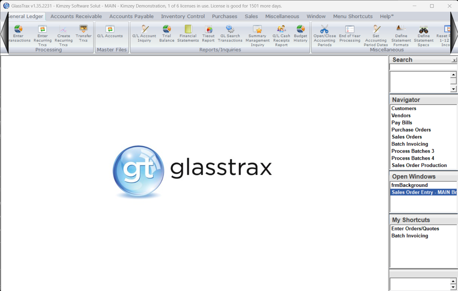GlassTrax ERP dashboard showing sales orders and inventory